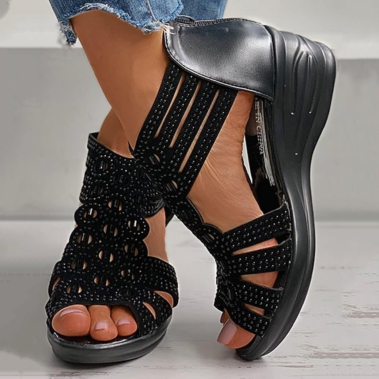 ZiSUGP Sandals With Low Heels Dress Sandals Black Short Heels Slide Sandals Women Dressy Black Sandal Wedges Hot Pink Sandals Flat Black Sandals For Women