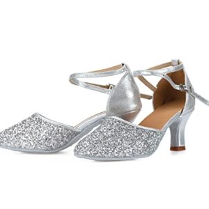 TRIWORIAE - Women/Girl Ballroom/Latin/Standard Dance Shoes Sandals Silver Suede Sole Indoor 8