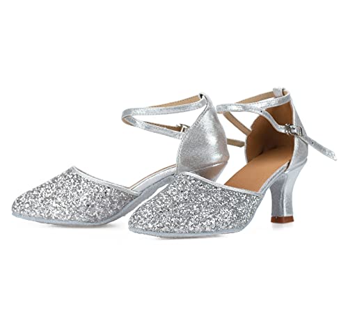 TRIWORIAE - Women/Girl Ballroom/Latin/Standard Dance Shoes Sandals Silver Suede Sole Indoor 8