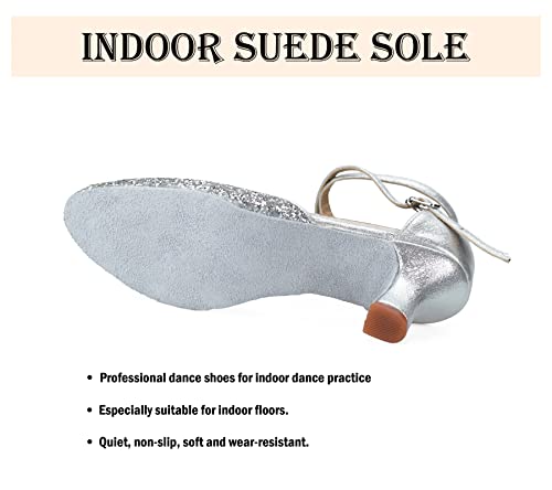 TRIWORIAE - Women/Girl Ballroom/Latin/Standard Dance Shoes Sandals Silver Suede Sole Indoor 8