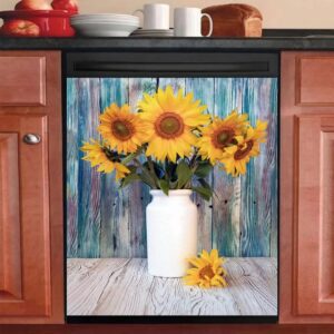greture sunflower white vase kitchen decor dishwasher magnet sticker, restaurant household cabinet decoration refrigerator washing machine cabinet magnetic wallpaper 23''x26''inch