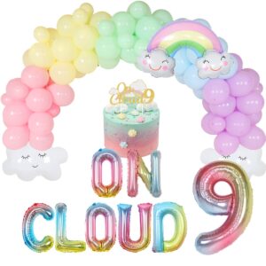 joymemo on cloud 9 birthday decorations for girls pastel rainbow balloon garland arch kit on cloud 9 cake topper/balloon banner for sky theme 9th birthday party supplies