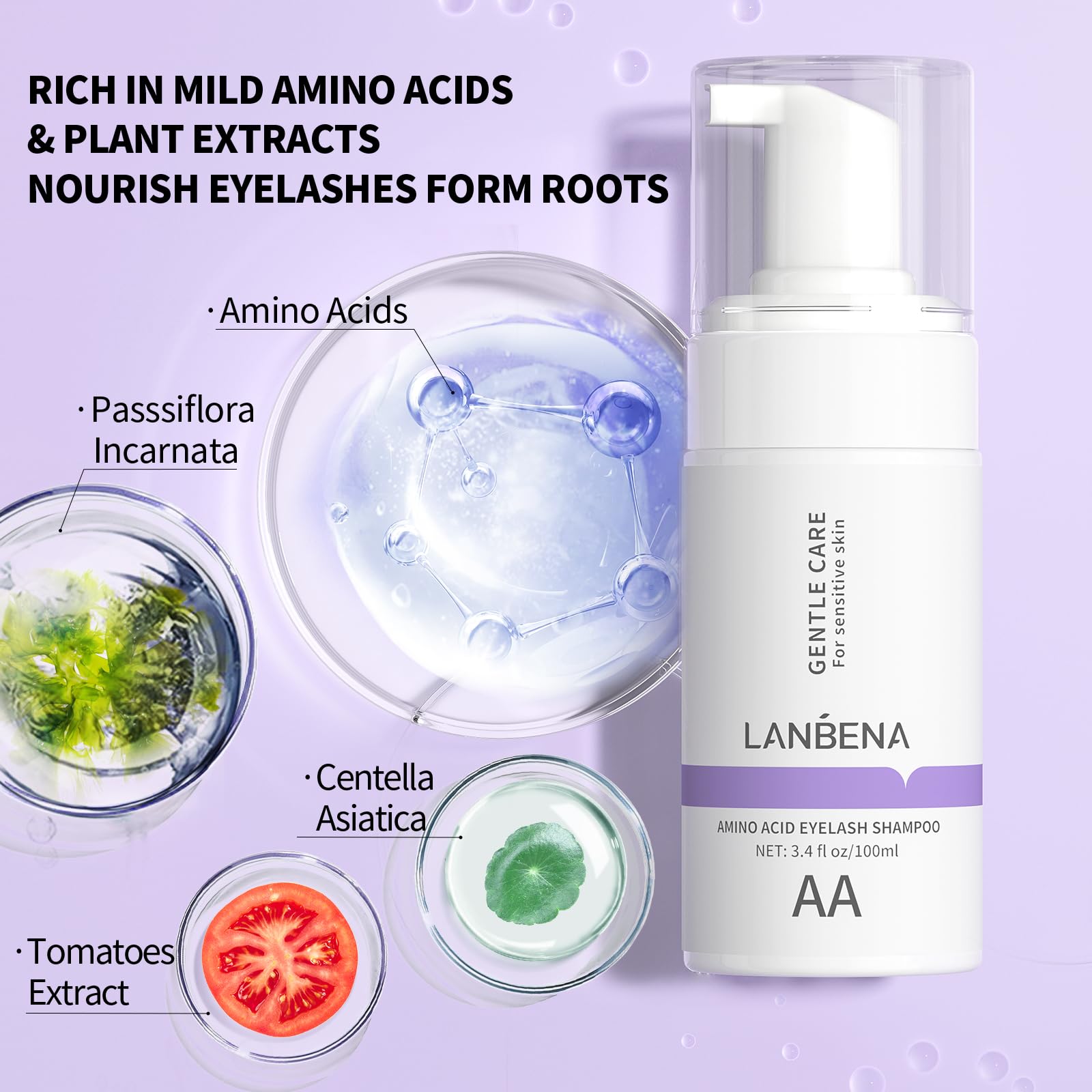 LANBENA 100ml Eyelash Extension Cleanser, Lash Shampoo for Lash Extensions, AMINO ACID Eyelash Shampoo Oil Free Foam Lash Bath for Eyelash Extensions, Lash Cleaning Kit with Brush,Home Salon Use