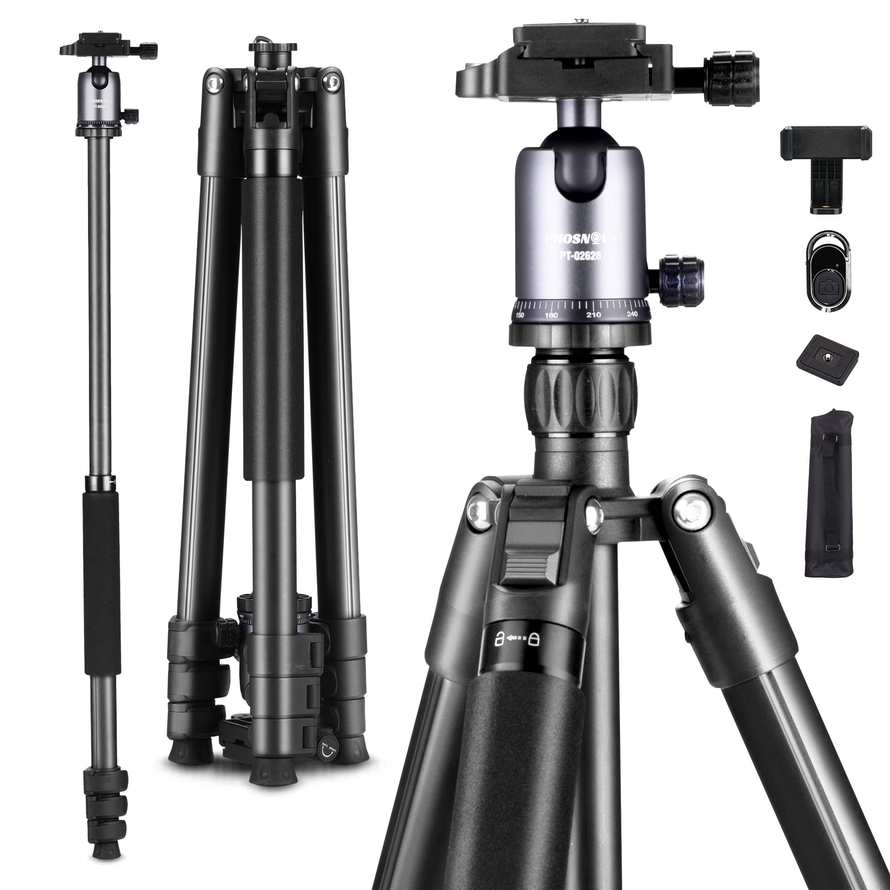 PHOSNOVA Compact Camera Tripod 62",Lightweight Travel Tripod for DSLR with 360 Degree Ball Head Detachable,Camera Monopod,11lbs Load for Video Camcorder