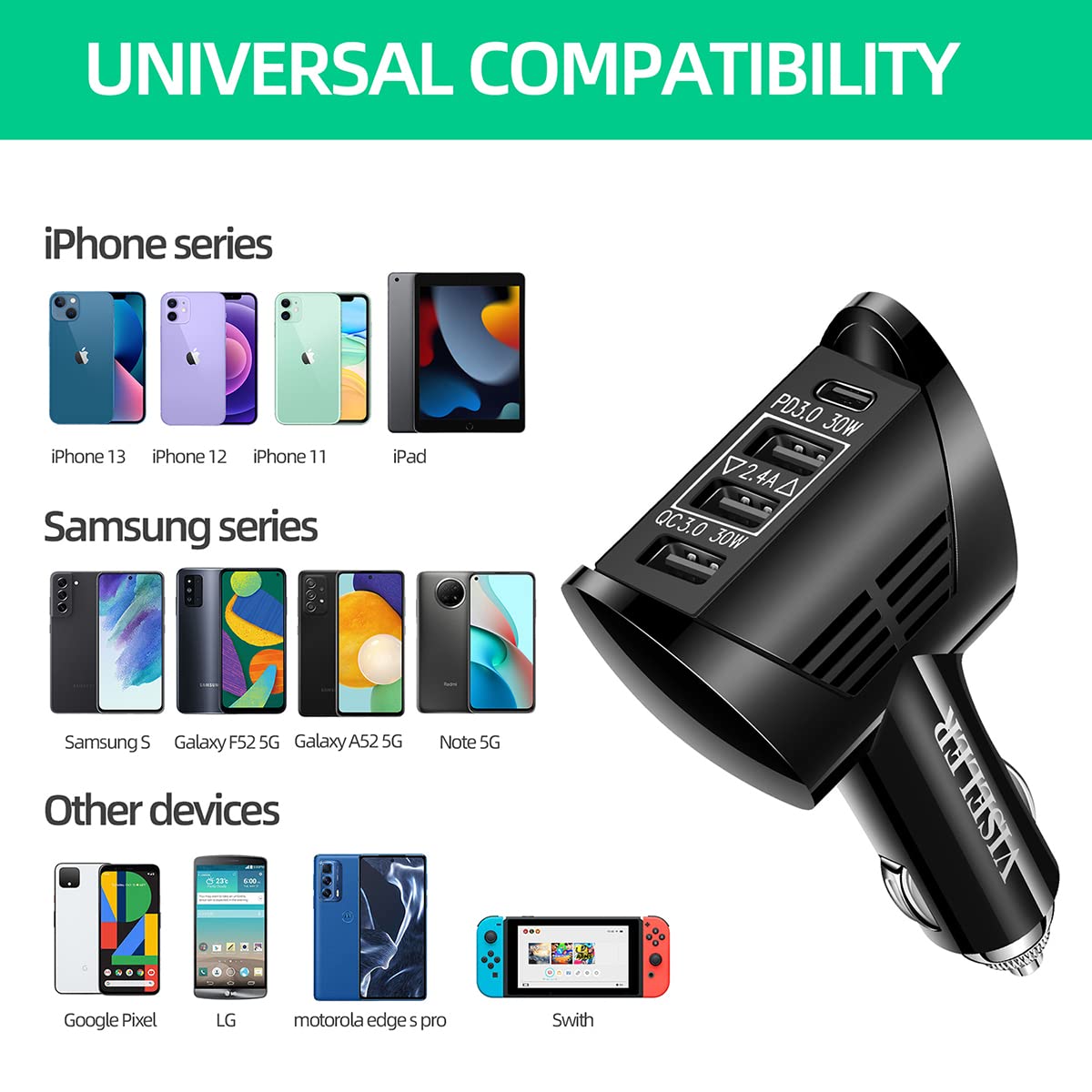 VISELER USB C Car Charger Adapter 84W 10.8A, 4 Port Fast Car Charger, PD3.0 QC3.0 Car Phone Charger Fast Charging Compatible with iPhone 13 12 11 Pro Max, Samsung Galaxy S21 20/Note 20, Pixel, LG.