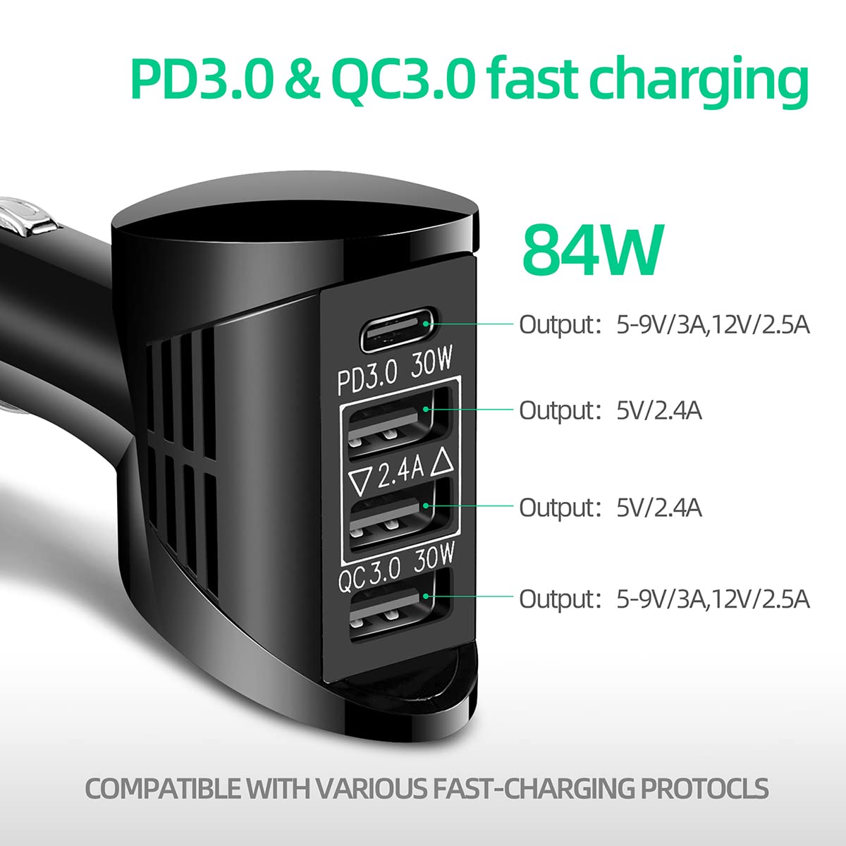 VISELER USB C Car Charger Adapter 84W 10.8A, 4 Port Fast Car Charger, PD3.0 QC3.0 Car Phone Charger Fast Charging Compatible with iPhone 13 12 11 Pro Max, Samsung Galaxy S21 20/Note 20, Pixel, LG.