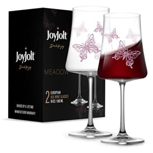 joyjolt meadow butterfly red wine glasses – premium red wine glasses set of 2 – exquisite pink butterfly crystal wine glasses – 21oz long stem unique wine glasses – made in europe