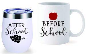 momocici before school after school 11 oz coffee mug & 12 oz wine tumbler set gifts for teachers.teacher gifts,new teacher,teacher appreciation,birthday,thank you gifts for teachers(white)