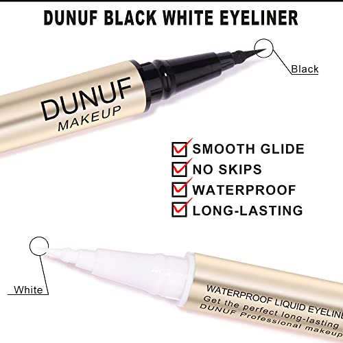 DUNUF MAKEUP 2 in1 Waterproof Liquid Eyeliner, Pitch Black, White,white liquid liner，0.02 Fl Oz (Pack of 1)
