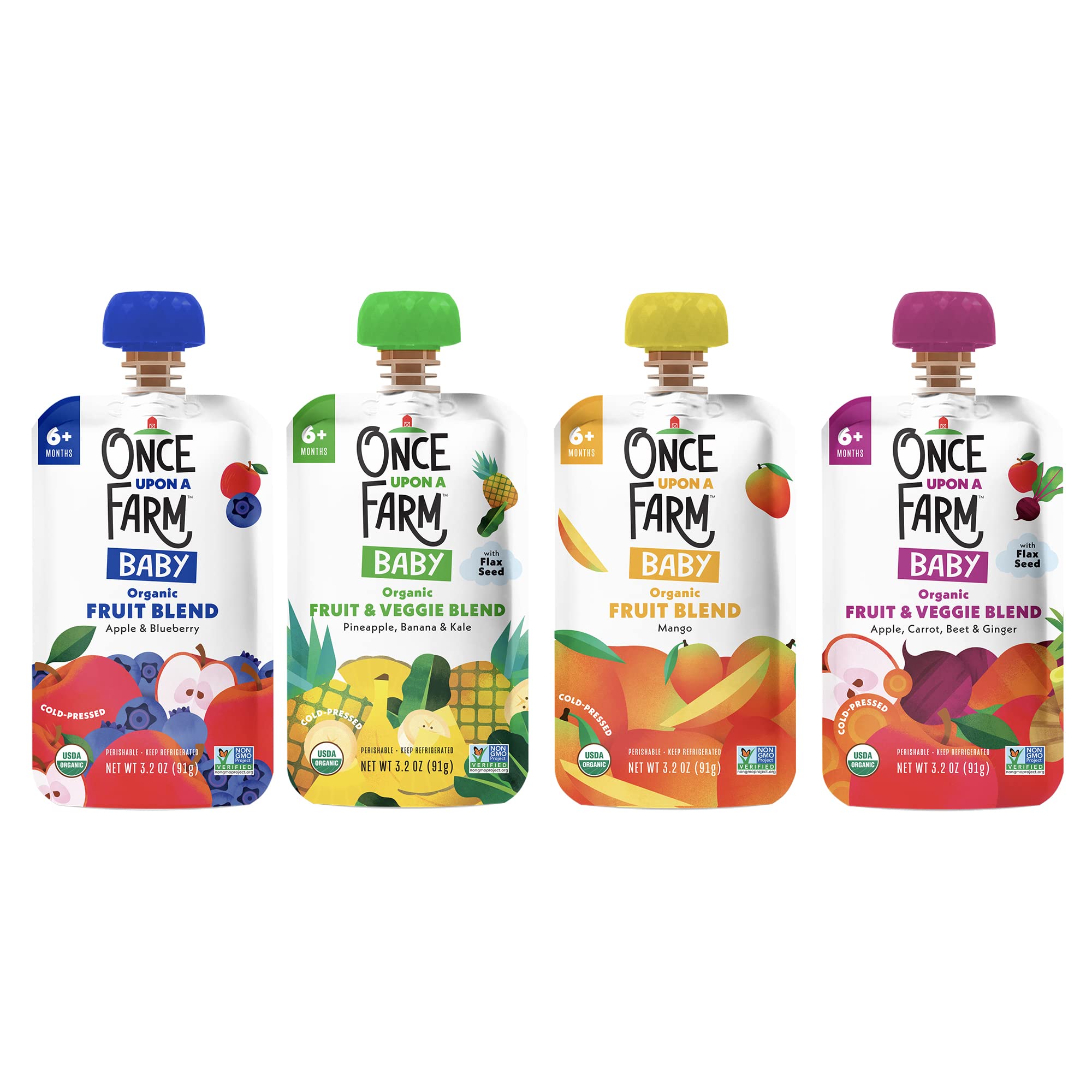 Once Upon a Farm | Organic Fruit & Veggie Blend Baby Sampler | Apple Blueberry, Pineapple Banana Kale, Mango, Apple Carrot Beet Ginger | Cold-Pressed | No Sugar Added | Dairy-Free Plant Based | Variety Pack of 24