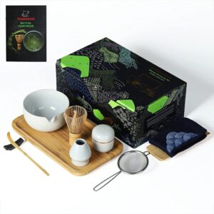 teanagoo japanese tea set with bamboo tray, matcha whisk set, matcha bowl with pouring spout, bamboo matcha whisk (chasen), scoop (chashaku), matcha whisk holder, tea powder can. o3, lt. grey,