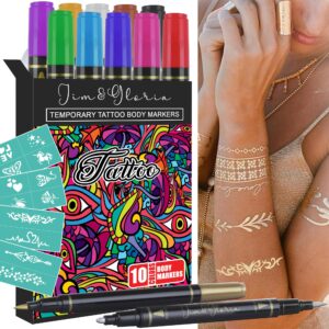 jim&gloria body art tattoo pen dual tip 10 colors with gold & silver skin markers for kids adults, gifts for teenage girl, teen girls trendy stuff 8 9 10 11 12 13 14 + years old stocking stuffers
