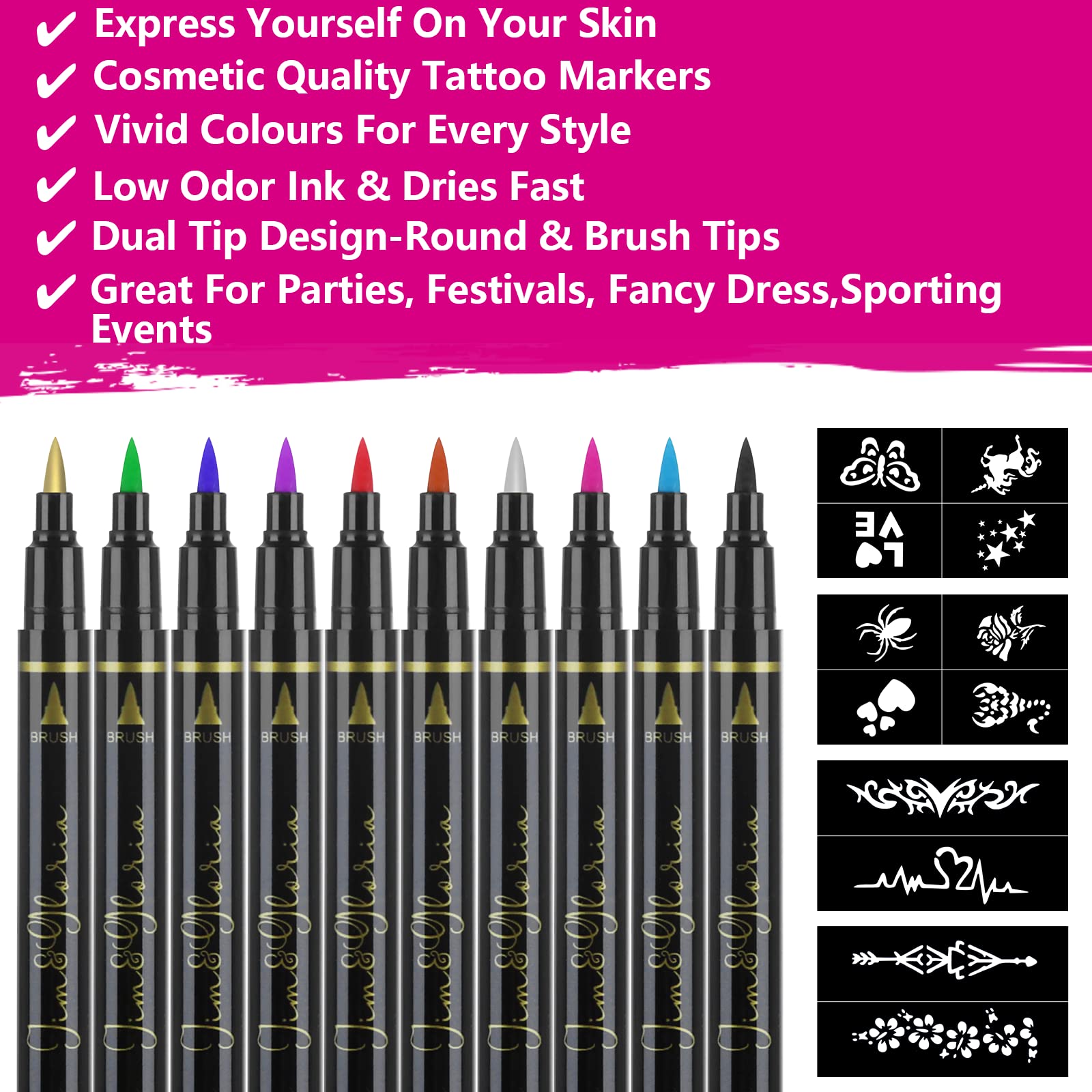 Jim&Gloria Body Art Tattoo Pen Dual Tip 10 Colors With GOLD & SILVER Skin Markers For Kids Adults, Gifts for Teenage Girl, Teen Girls Trendy Stuff 8 9 10 11 12 13 14 + Years Old Stocking Stuffers