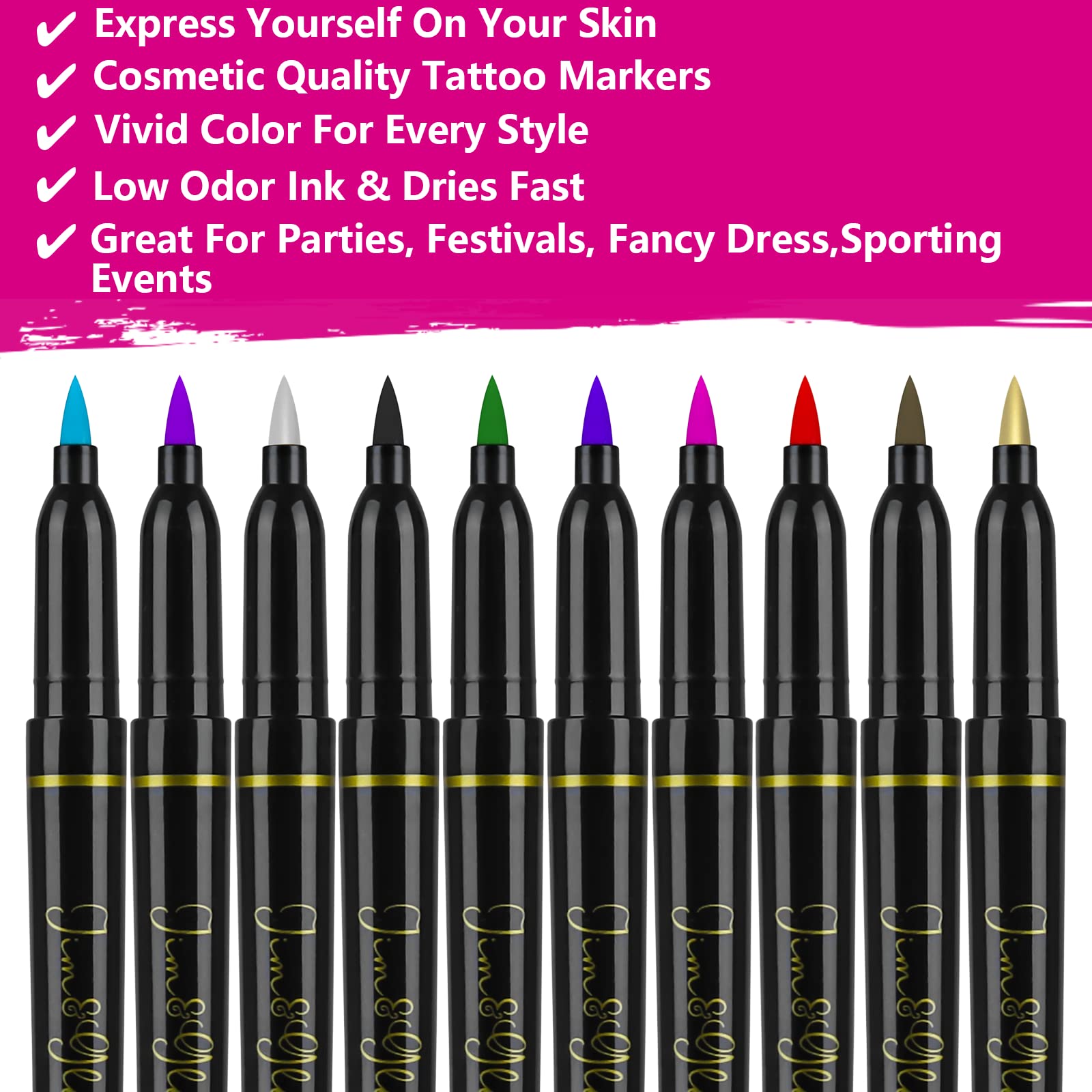 Jim&Gloria Body Art Tattoo Pen 10 Colors With Gold and Silver Fake Tattoos Brush Temporary Tattoo Kit Teen Girls Trendy Stuff for Birthday Friendsgiving Thanksgiving and Christmas gift ideas