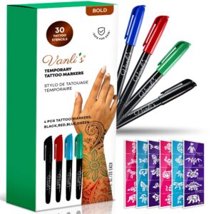 vanli's temporary tattoo pens - stocking stuffers for teens, kids, adults, trendy tattoo kit, skin safe & colored ink tattoo pens for body & face art with 30 tattoo stencil papers, 4 pens-bold