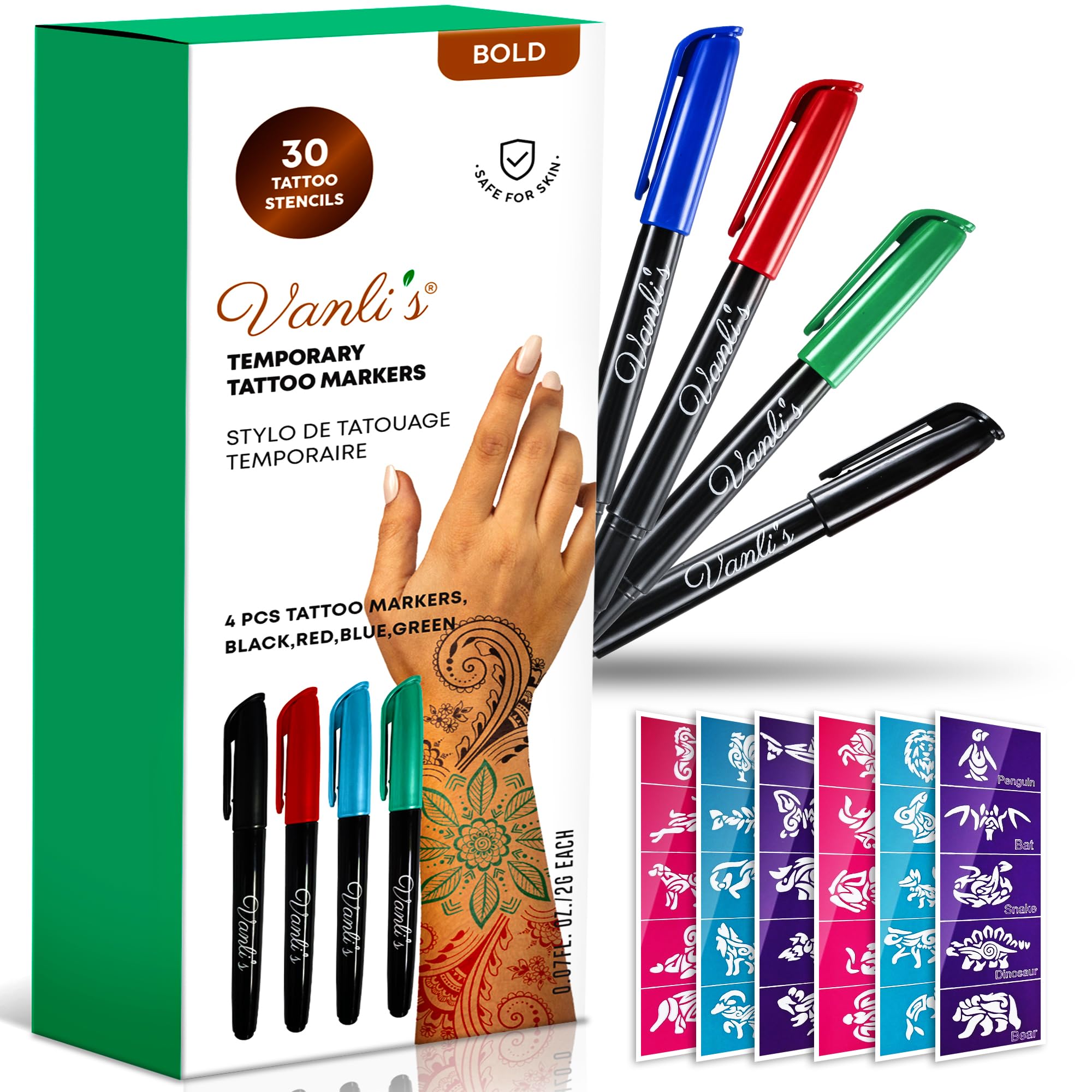 Vanli's Temporary Tattoo Pens - Stocking Stuffers For Teens, Kids, Adults, Trendy Tattoo Kit, Skin Safe & Colored Ink Tattoo Pens for Body & Face Art with 30 Tattoo Stencil Papers, 4 Pens-Bold