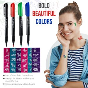 Vanli's Temporary Tattoo Pens - Stocking Stuffers For Teens, Kids, Adults, Trendy Tattoo Kit, Skin Safe & Colored Ink Tattoo Pens for Body & Face Art with 30 Tattoo Stencil Papers, 4 Pens-Bold