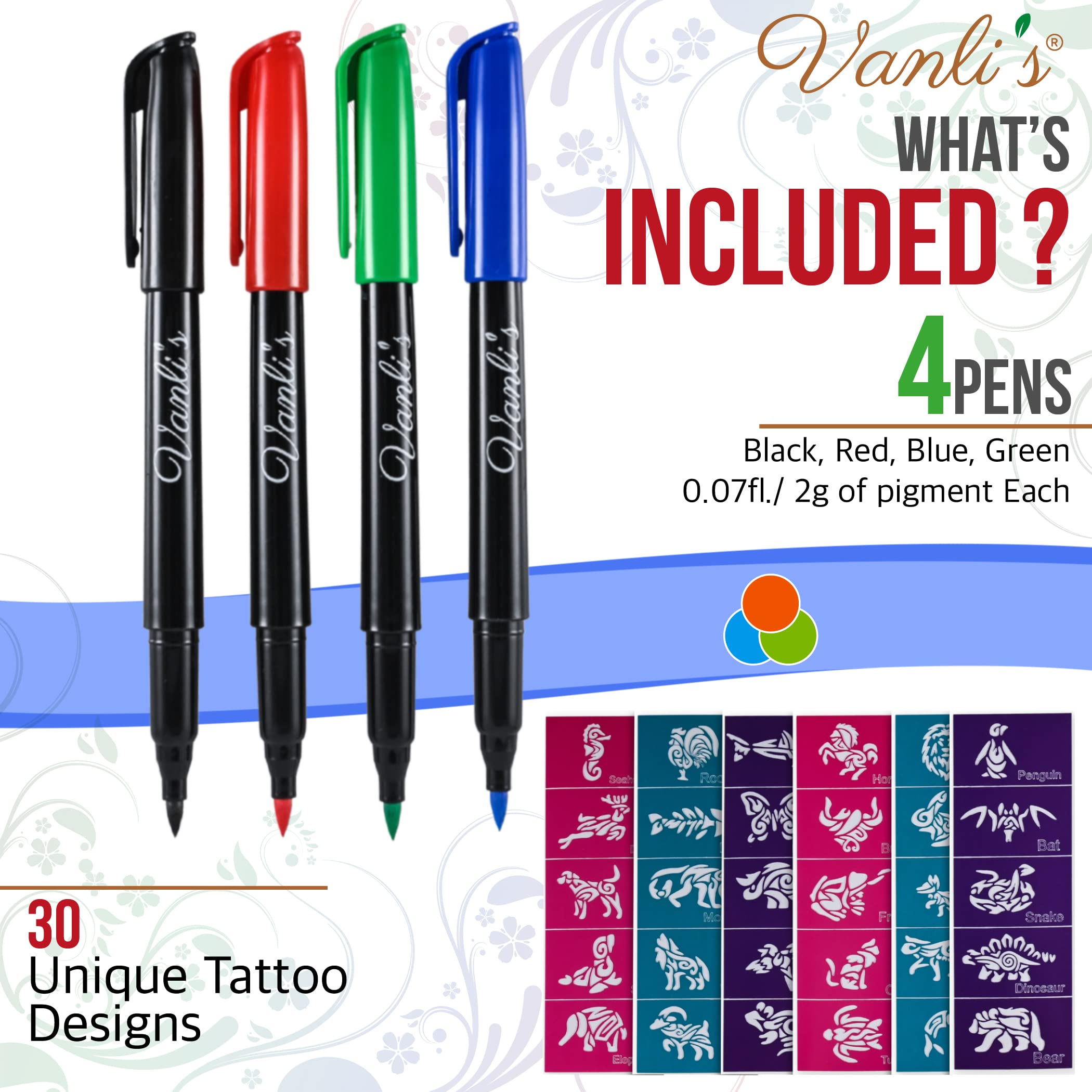 Vanli's Temporary Tattoo Pens - Stocking Stuffers For Teens, Kids, Adults, Trendy Tattoo Kit, Skin Safe & Colored Ink Tattoo Pens for Body & Face Art with 30 Tattoo Stencil Papers, 4 Pens-Bold