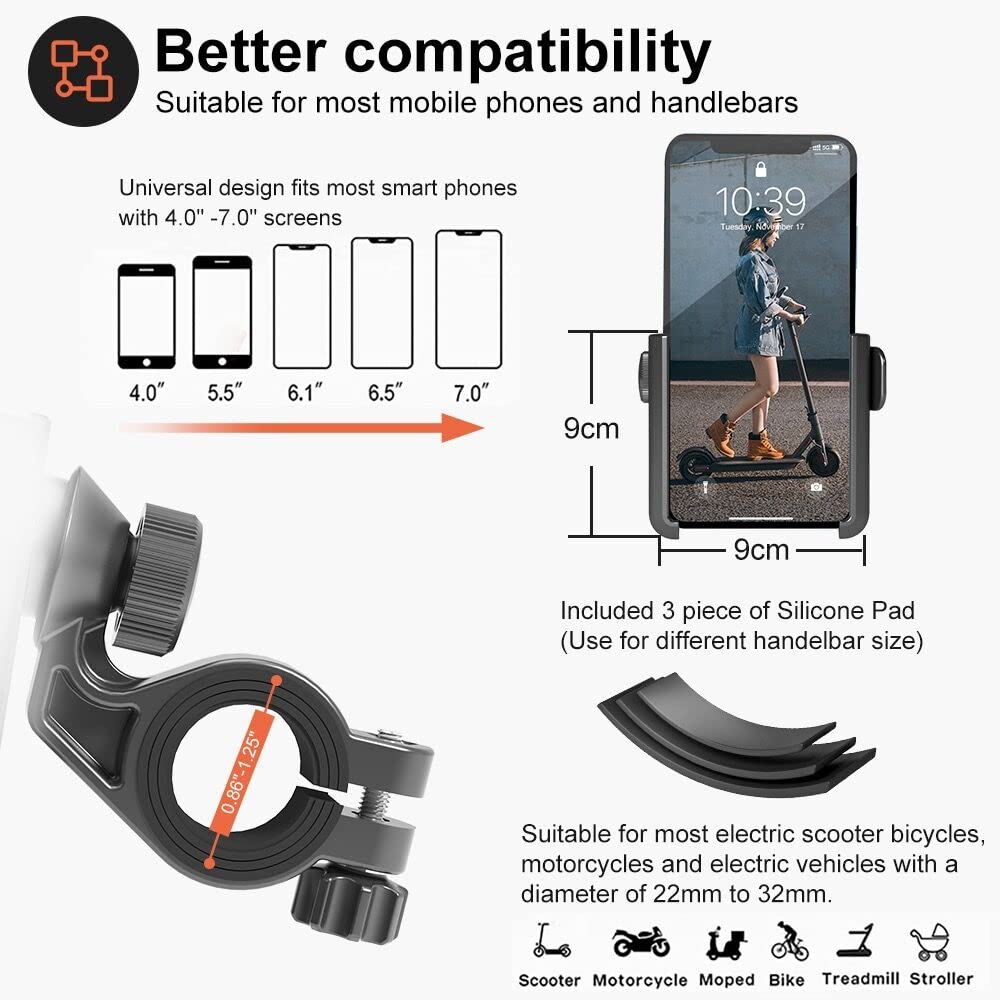 M365 Pro Scooter Phone Mount, Segway Ninebot Adjustable Handlebar Phone Holder, Fits All iPhone's, Samsung Galary,iPhone 12 Pro Max,13 Pro,11,X, All Cellphone 3.5-7inches, 360° Rotation