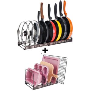 toplife adjustable 10+ pans organizer rack + 7+ lids organizer rack for kitchen cabinet and counter, brown