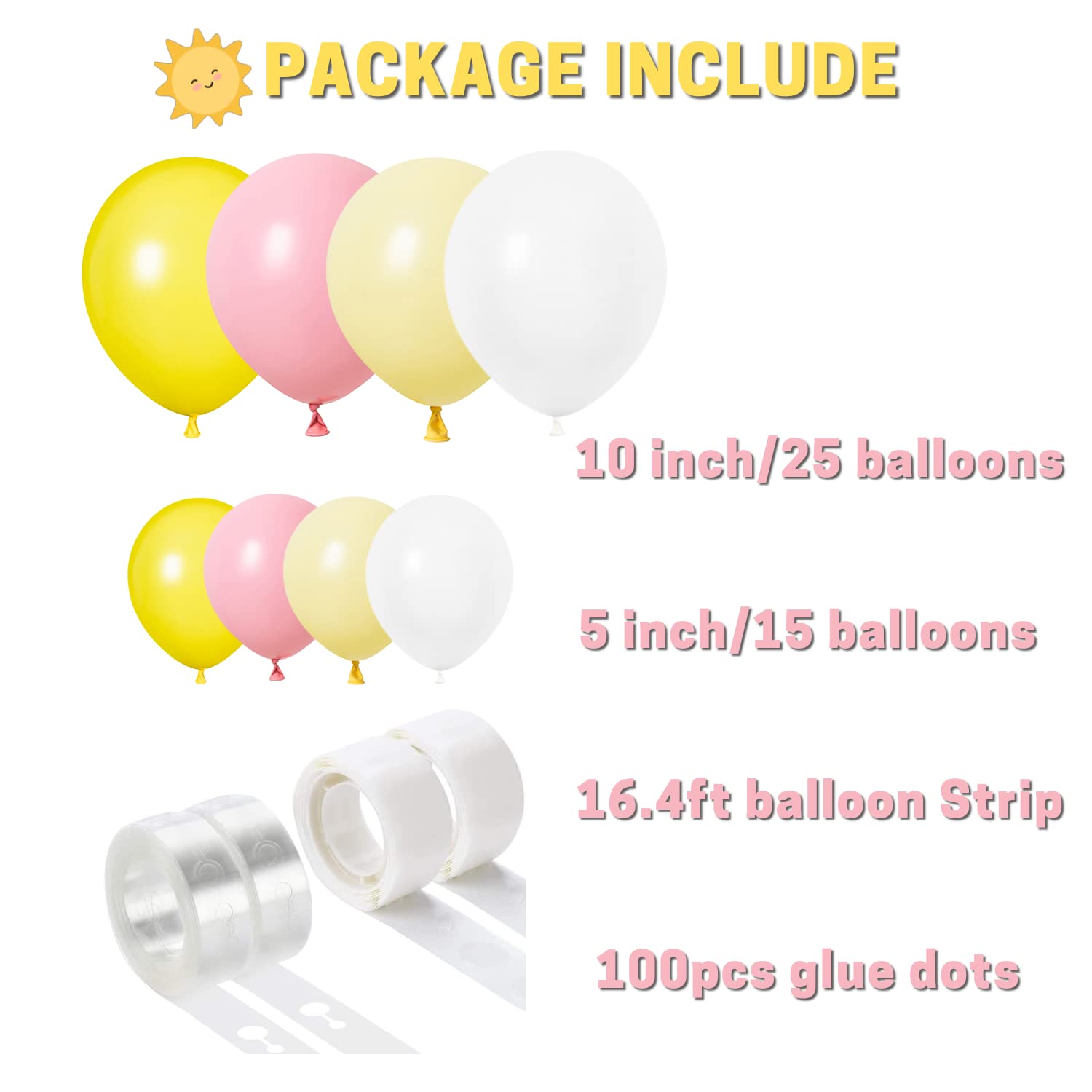 Boognt DIY Pink Yellow White Balloon Garland Kit Arch Kit 160PCS Balloons for Lemonade Girls First Birthday You are my Sunshine Kids Bee Day Sunflower Oh Baby Shower Bridal Shower Balloon Party Decor