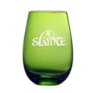 christmas gifts for irish men women, slainte irish cheers etched stemless green wine glass,14 ounces