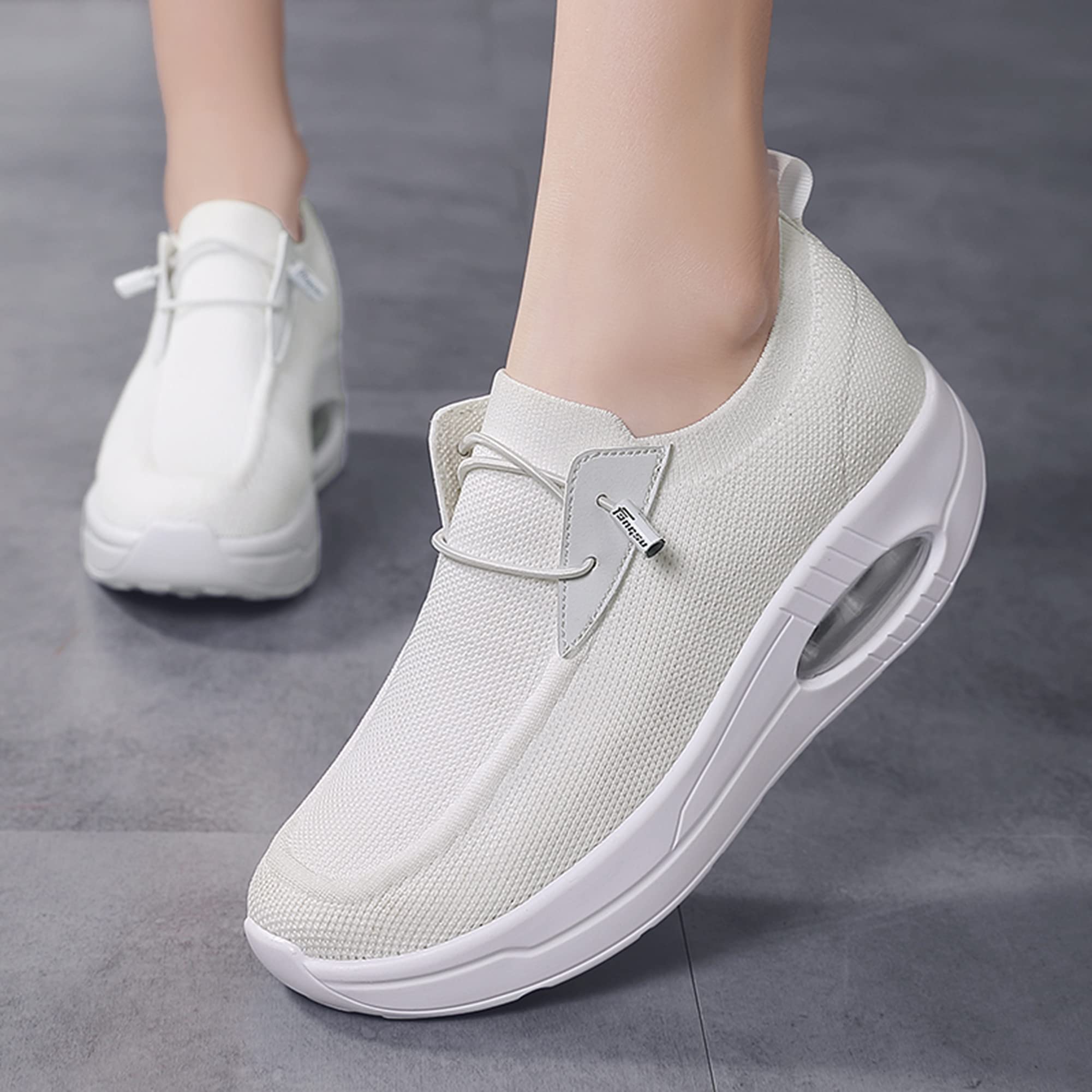 AUUGK White Women's Slip-on Walking Shoes Mesh Breathe Air Cushion Arch Support Sock Sneakers for Women Ladys Girls Fashion Platform Lightweight Loafers Non-Slip Nursing Work Running Shoes Size11