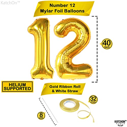 KatchOn, Giant Gold 12 Balloon Number - 40 Inch | 12 Number Balloons, 12th Birthday Decorations Boy | Gold 12 Balloons for Golden Birthday Decorations for Girls 12 | Number 12 Balloons for Birthdays