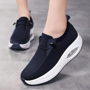 Dark Blue Women's Slip-on Walking Shoes Mesh Breathe Air Cushion Arch Support Sock Sneakers for Women Ladys Girls Fashion Platform Lightweight Loafers Non-Slip Nursing Work Running Shoes Size8.5