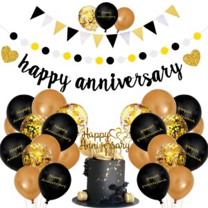 happy anniversary decorations, glitter gold black happy wedding anniversary decorations sets with banner, cake topper, glitter hanging and balloons for all ages' anniversary party decorations