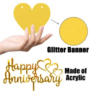 Happy Anniversary Decorations, Glitter Gold Black Happy Wedding Anniversary Decorations Sets with Banner, Cake Topper, Glitter Hanging and Balloons for All Ages' Anniversary Party Decorations