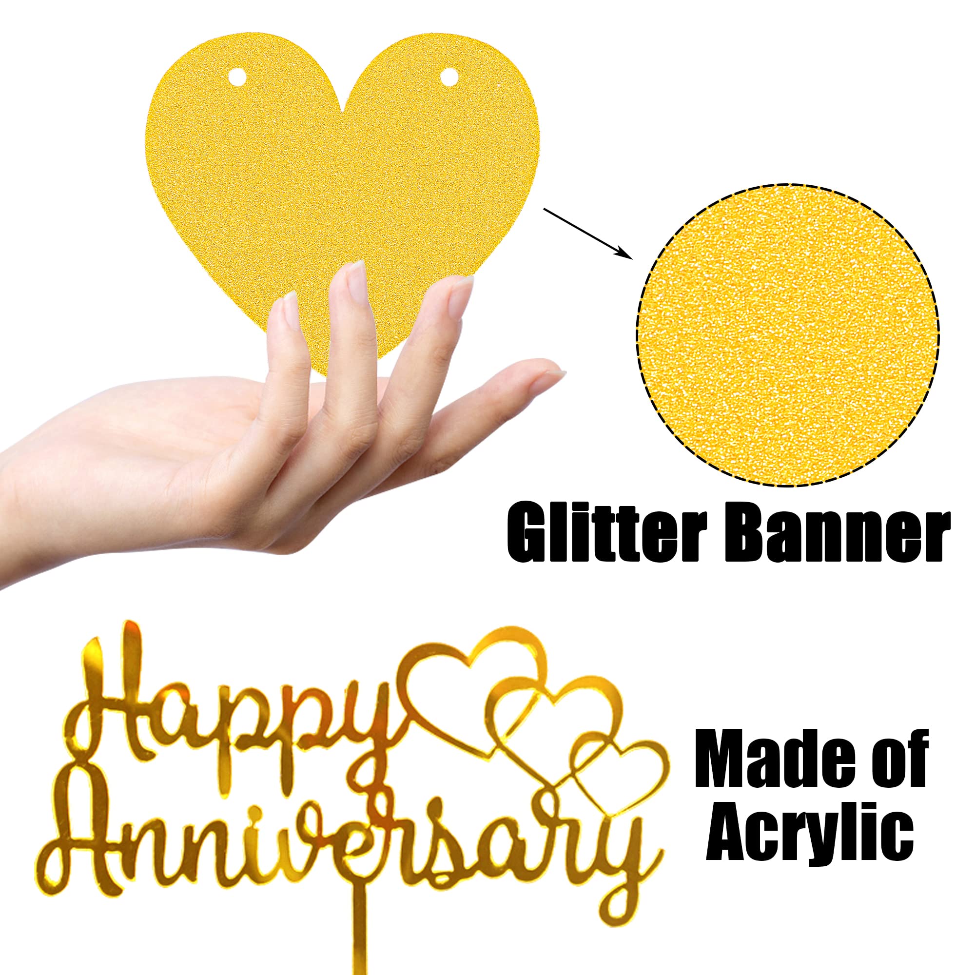 Happy Anniversary Decorations, Glitter Gold Black Happy Wedding Anniversary Decorations Sets with Banner, Cake Topper, Glitter Hanging and Balloons for All Ages' Anniversary Party Decorations