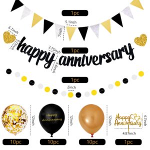 Happy Anniversary Decorations, Glitter Gold Black Happy Wedding Anniversary Decorations Sets with Banner, Cake Topper, Glitter Hanging and Balloons for All Ages' Anniversary Party Decorations