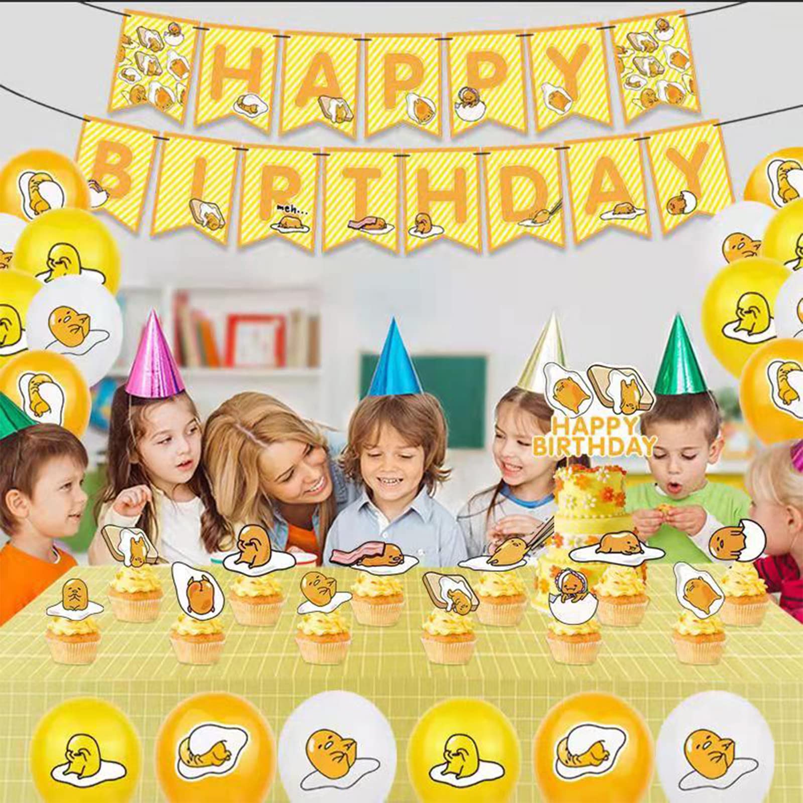 32Pcs Gudetama Birthday Party Supplies Party Favors Set For Kids Gudetama Cake Topper Cupcake Toppers Banner Balloons For Gudetama Birthday Party Decorations