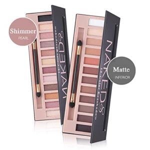 URQT 2Pcs Pro 12 Colors Matte + Shimmer Nude Naked Eyeshadow Palette Natural Velvet Texture Pigmented Blendable Diamond Smokey Eye Shadow Pallet Kit with Brush (Natural)