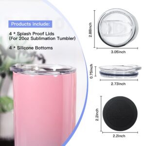 AGH 4PCS Splash Proof Lids & Silicone Bottoms for Sublimation Tumblers 20 oz Skinny Straight, 2.7 Inch Tumbler Replacement Splash Resistant Lids Covers, 2.2 Inch Protective Anti-Slip Rubber Coaster