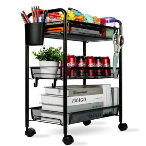 3 tier all-metal rolling cart, trolley craft cart with locking wheels, easy-carry and assembly mesh trolley cart with 1 small baskets and 4 hooks for bathroom kitchen office balcony living room