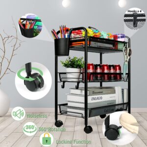 3 Tier All-Metal Rolling Cart, Trolley Craft Cart with Locking Wheels, Easy-Carry and Assembly Mesh Trolley Cart with 1 Small Baskets and 4 Hooks for Bathroom Kitchen Office Balcony Living Room