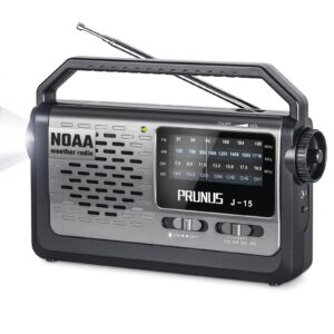 noaa weather am fm portable radio with best reception, flashlight, earphone jack, battery operated radio by 3x d cell batteries or ac power for home/outdoor/gift,by prunus j15wb