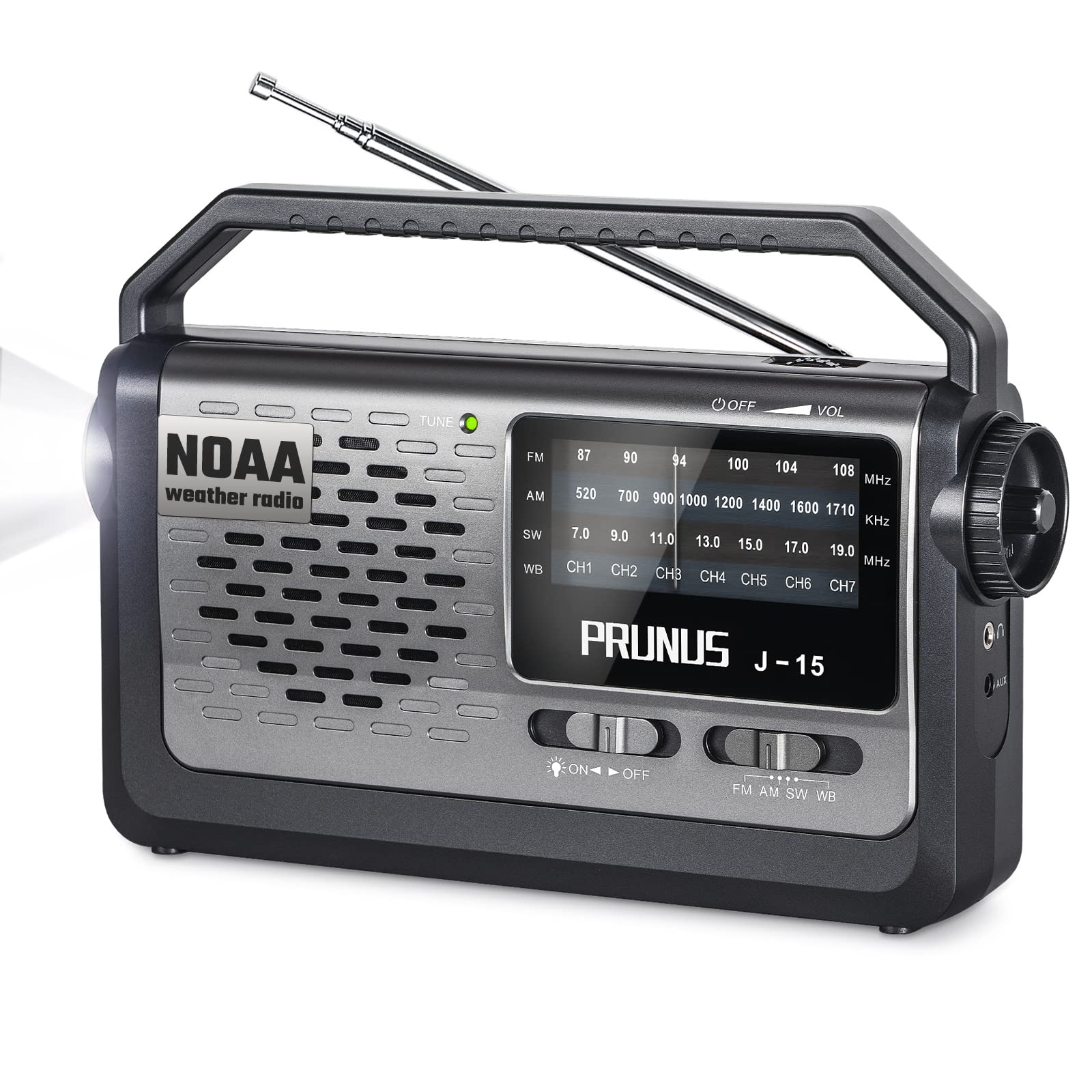 NOAA Weather AM FM Portable Radio with Best Reception, Flashlight, Earphone Jack, Battery Operated Radio by 3X D Cell Batteries or AC Power for Home/Outdoor/Gift,by PRUNUS J15WB