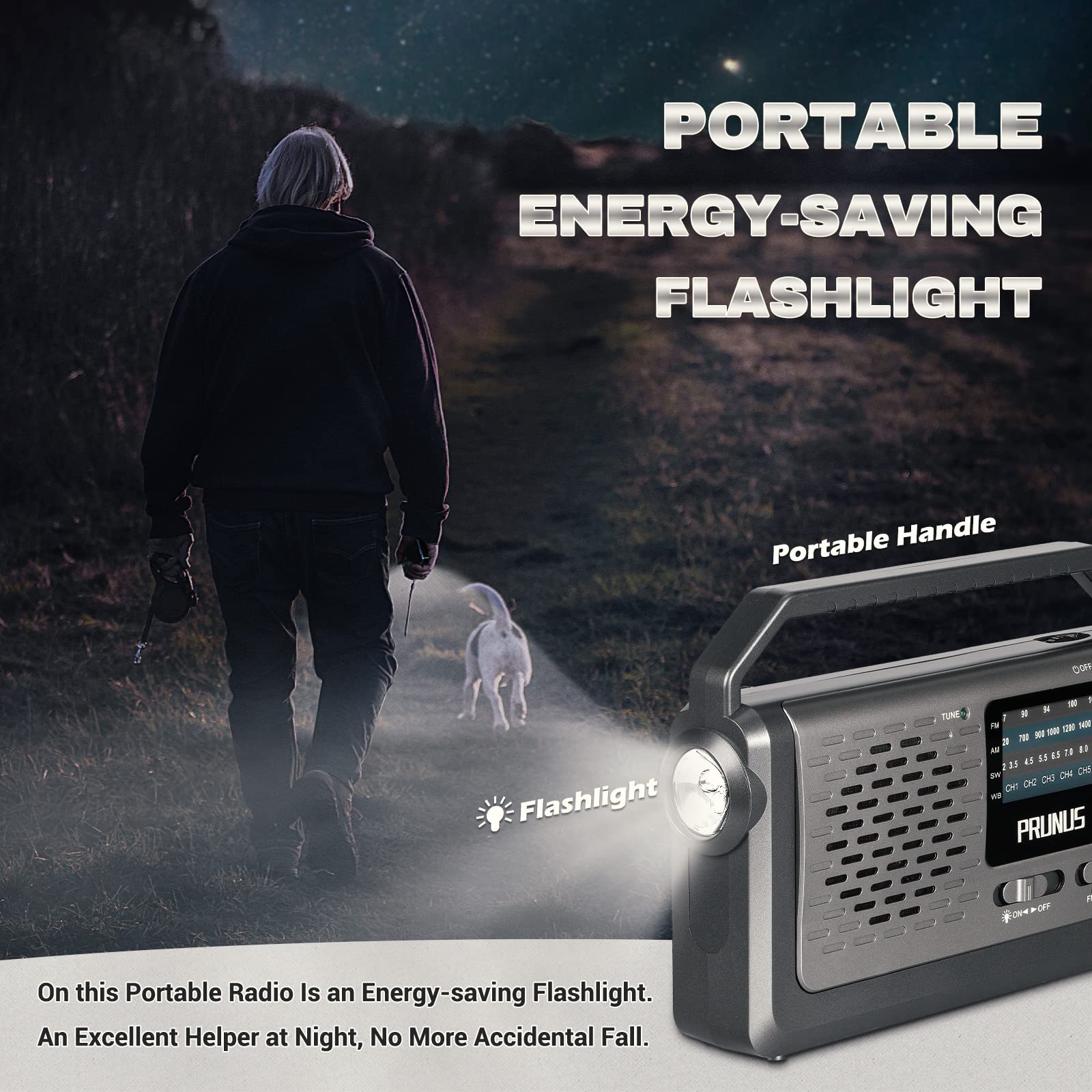 NOAA Weather AM FM Portable Radio with Best Reception, Flashlight, Earphone Jack, Battery Operated Radio by 3X D Cell Batteries or AC Power for Home/Outdoor/Gift,by PRUNUS J15WB