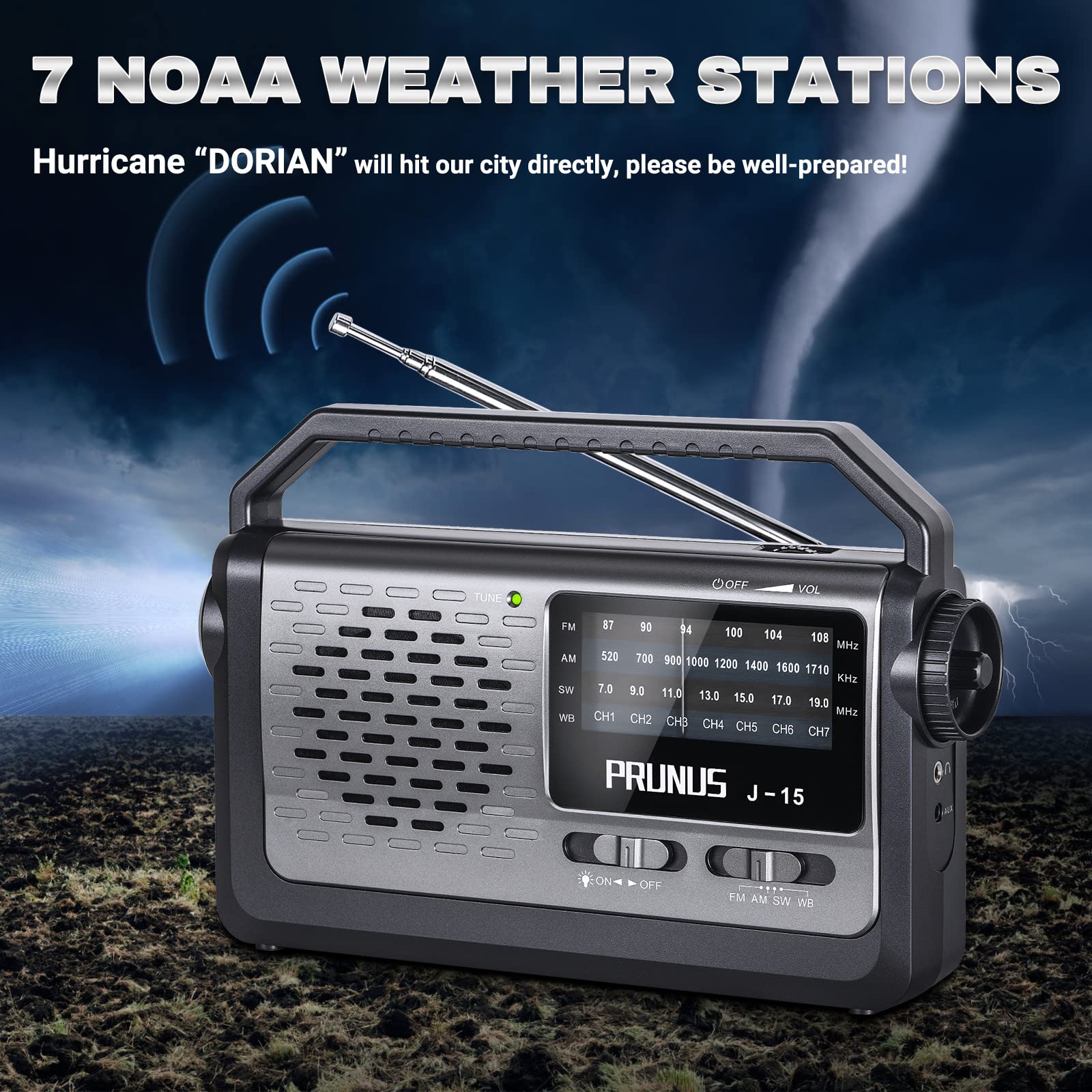 NOAA Weather AM FM Portable Radio with Best Reception, Flashlight, Earphone Jack, Battery Operated Radio by 3X D Cell Batteries or AC Power for Home/Outdoor/Gift,by PRUNUS J15WB