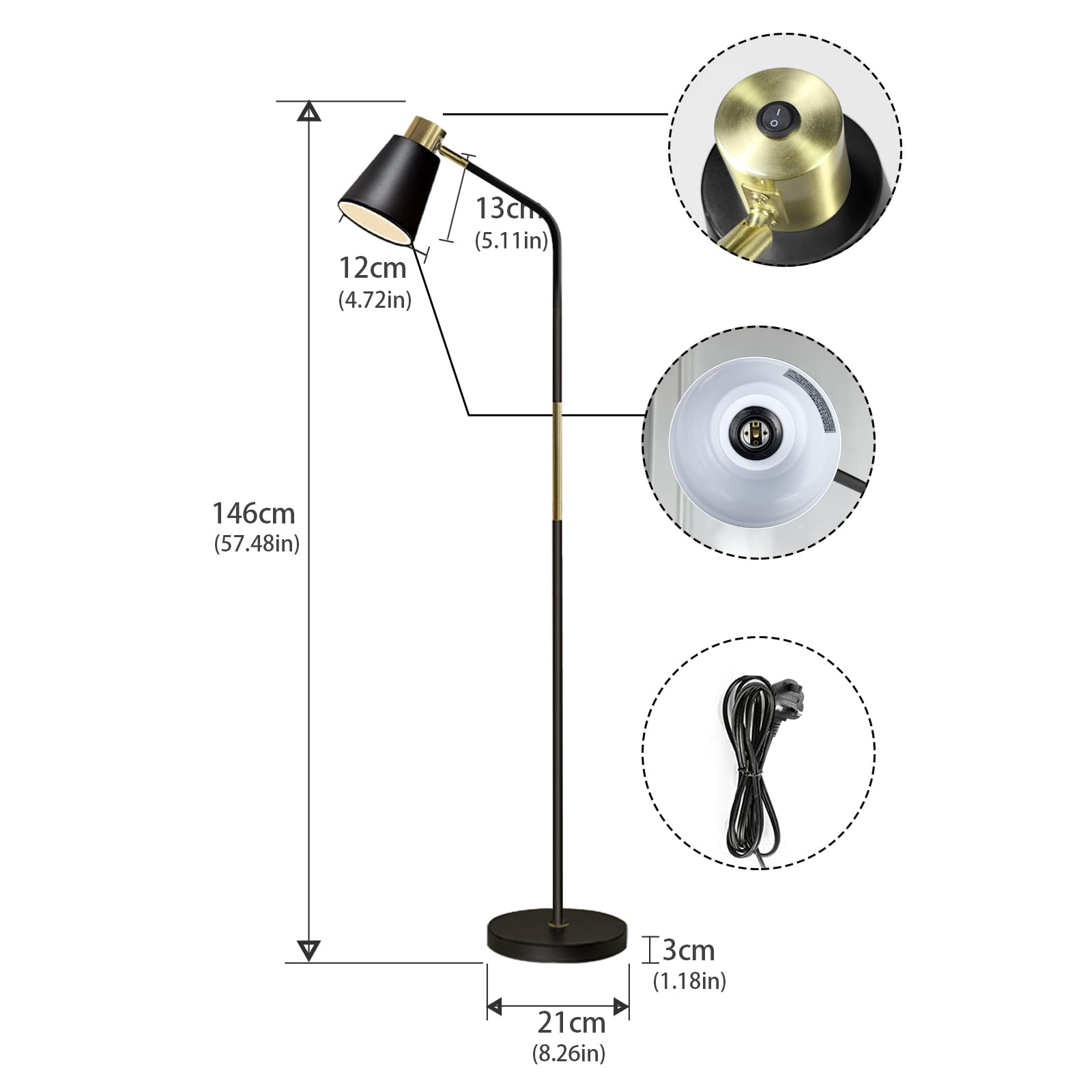 Floor Lamp, Industrial Floor Lamp Height Adjustable 360°Rotation Lampshade Modern Standing Lamp, Floor Lamps for Living Room, Office, Bedroom Reading, Work etc (Black)