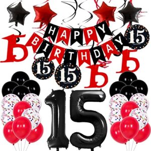 15th birthday decorations for girls boys, red black 15th birthday party supplies for 15 years old bady decor for teenagers happy birthday banner spiral pendants 40 inch number 15 foil balloons