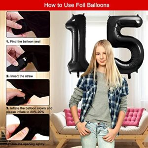 15th Birthday Decorations for Girls Boys, Red Black 15th Birthday Party Supplies for 15 Years Old Bady Decor for Teenagers HAPPY BIRTHDAY Banner Spiral Pendants 40 Inch Number 15 Foil Balloons