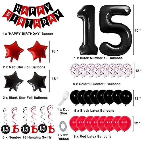 15th Birthday Decorations for Girls Boys, Red Black 15th Birthday Party Supplies for 15 Years Old Bady Decor for Teenagers HAPPY BIRTHDAY Banner Spiral Pendants 40 Inch Number 15 Foil Balloons