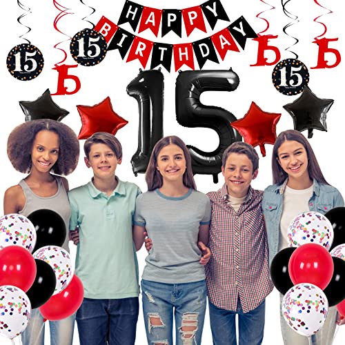 15th Birthday Decorations for Girls Boys, Red Black 15th Birthday Party Supplies for 15 Years Old Bady Decor for Teenagers HAPPY BIRTHDAY Banner Spiral Pendants 40 Inch Number 15 Foil Balloons