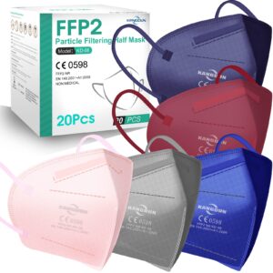 KANGDUN FFP2 Mask 20 Packs, FFP2 Masks 5-Ply Cup Dust Safety Masks, FFP2 Face Masks Disposable Particulate Respirator for Men & Women, EN 149:2001+A1:2009 FFP2 NR Multicolor