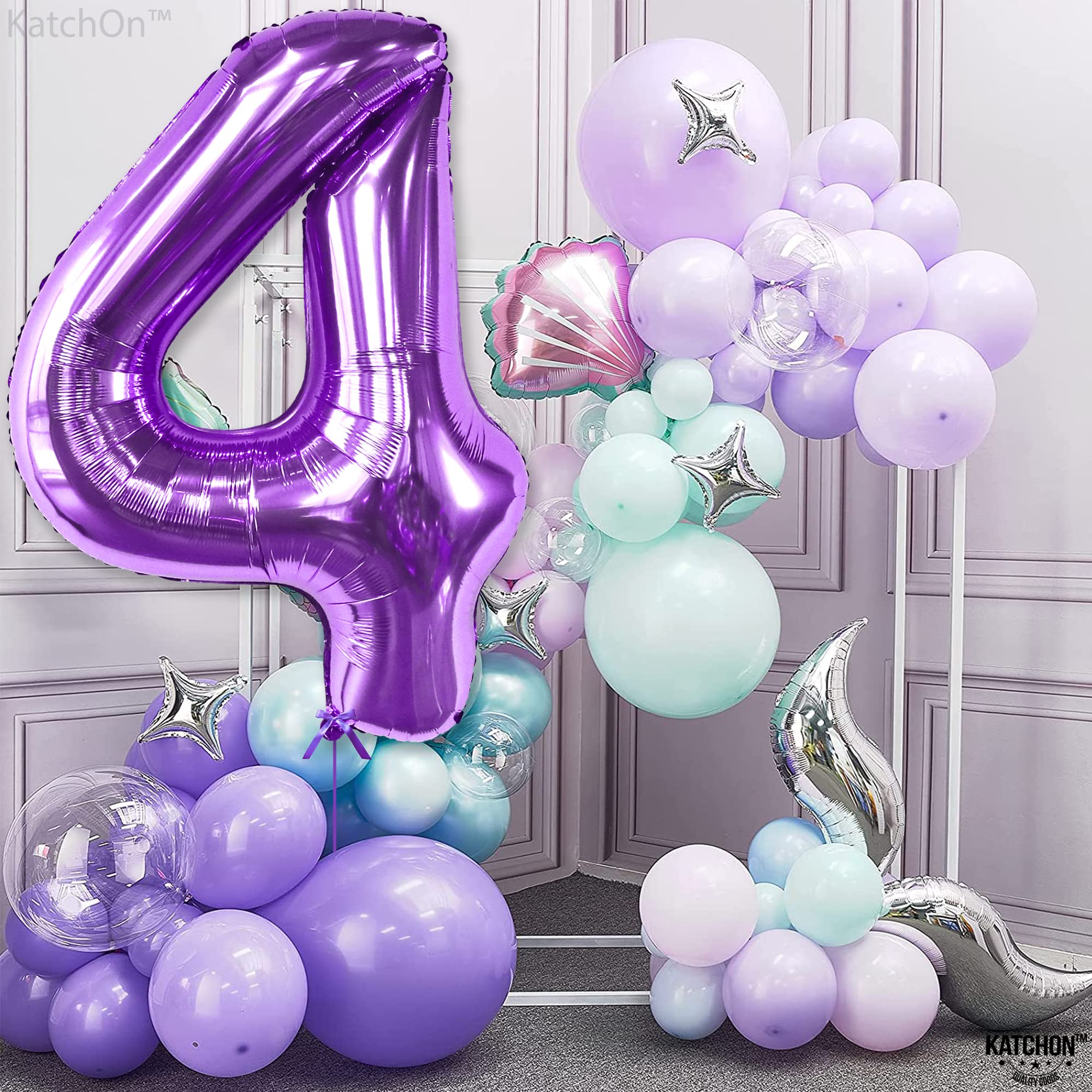 KatchOn, Giant Purple 4 Balloon Number - 40 Inch | Purple Number 4 Balloon, Mermaid 4th Birthday Decorations for Girls | 4th Birthday Balloons | 4 Purple Balloon for 4th Mermaid Party Decorations