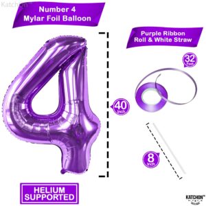 KatchOn, Giant Purple 4 Balloon Number - 40 Inch | Purple Number 4 Balloon, Mermaid 4th Birthday Decorations for Girls | 4th Birthday Balloons | 4 Purple Balloon for 4th Mermaid Party Decorations